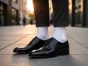 Elegancki mężczyzna w garniturze prezentuje wzorzyste skarpetki, podkreślając stylowy detal męskiej garderoby.