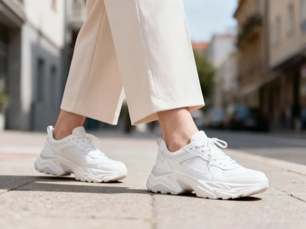 Kobieta w szerokich spodniach i masywnych białych sneakersach na tle miejskiej ulicy. Stylizacja prezentująca modne obuwie.