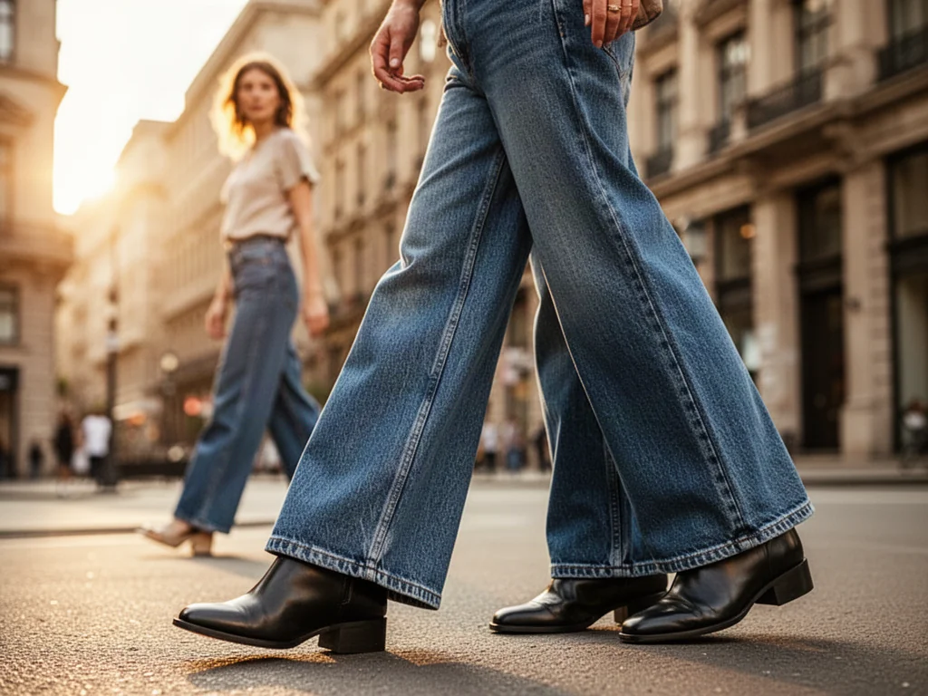 Stylowa kobieta w szerokich jeansach i skórzanych botkach na tle miejskiej architektury.