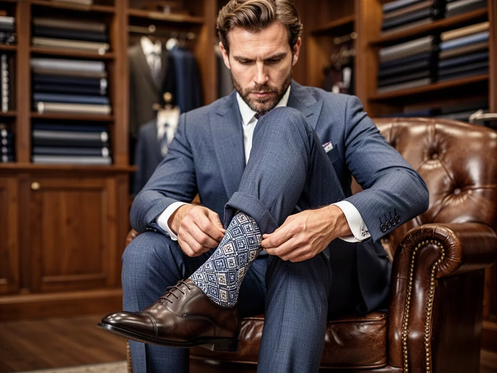 Elegancki mężczyzna w garniturze prezentuje wzorzyste skarpetki, podkreślając stylowy detal męskiej garderoby.
