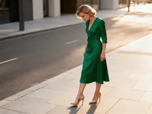 Młoda kobieta w eleganckim butiku przymierza koktajlową sukienkę, wybierając idealną stylizację na osiemnaste urodziny.