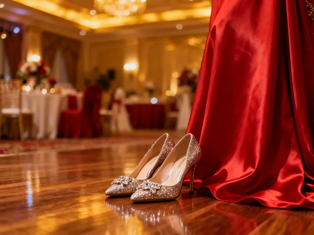 Eleganckie szpilki obok czerwonej sukienki na tle sali weselnej, prezentujące idealną stylizację na wesele.