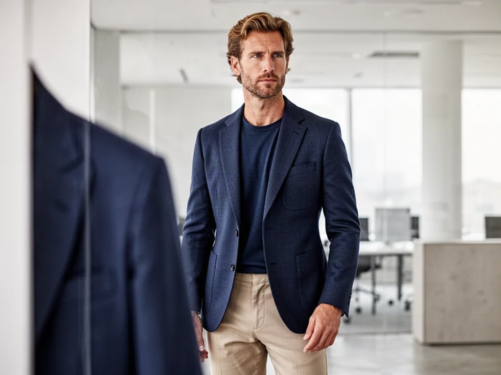 Elegancki mężczyzna w granatowej marynarce i beżowych spodniach w nowoczesnym biurze. Stylizacja biznesowa typu smart casual.