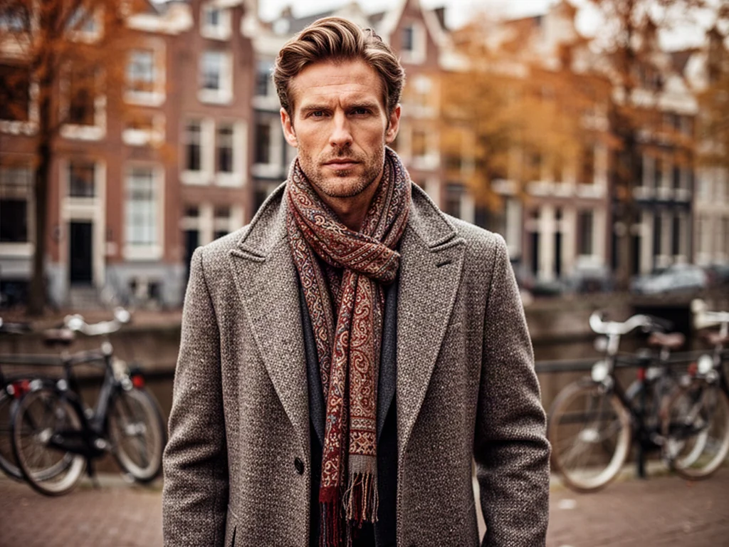 Mężczyzna w wełnianym płaszczu i wzorzystym szaliku na tle amsterdamskiej ulicy, prezentujący styl marki Scotch & Soda.