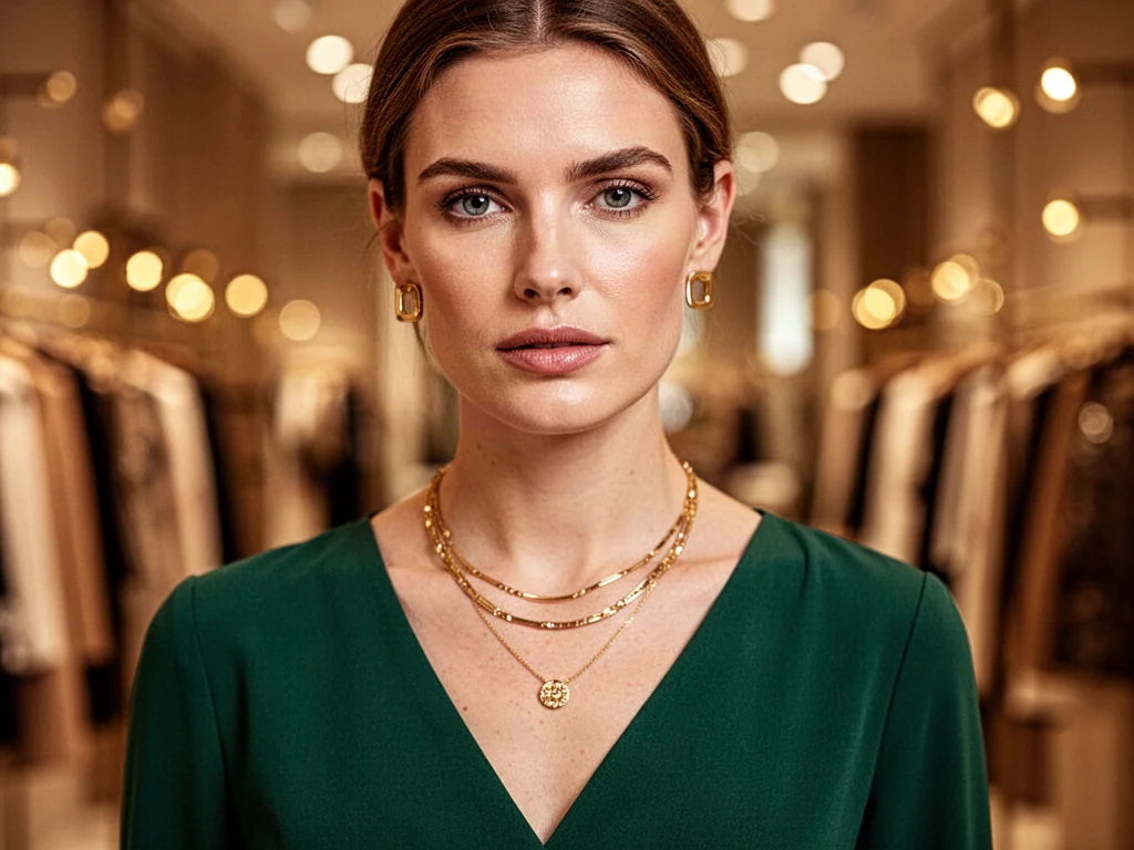 Kobieta w ciemnozielonej sukience stylizowana złotym naszyjnikiem i minimalistycznymi kolczykami w eleganckim butiku.
