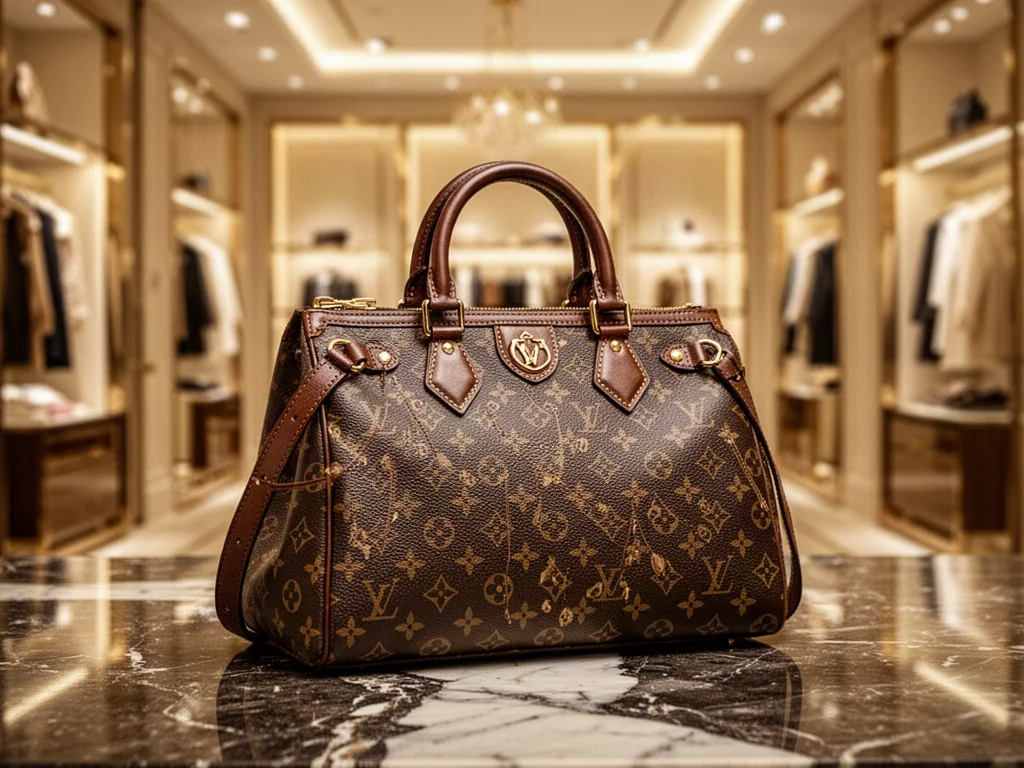 Luksusowa torebka Louis Vuitton z wysokiej jakości skóry na marmurowym blacie w eleganckim wnętrzu butiku.