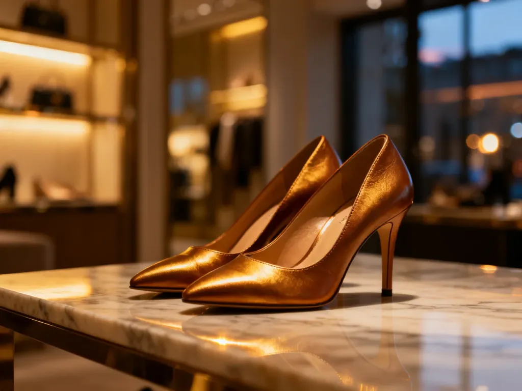 Eleganckie skórzane buty na obcasie wyeksponowane na marmurowym blacie w luksusowym wnętrzu butiku.