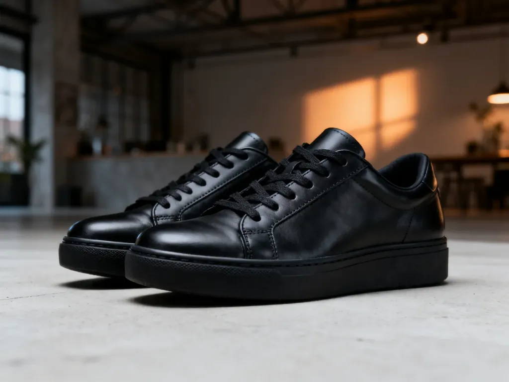 Czarne skórzane sneakersy męskie o matowym wykończeniu, wyeksponowane na minimalistycznym betonowym tle.