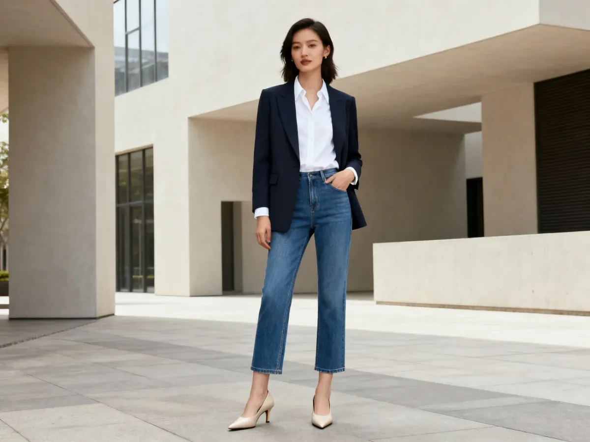 Stylizacja smart casual z jeansami, marynarką i beżowymi szpilkami