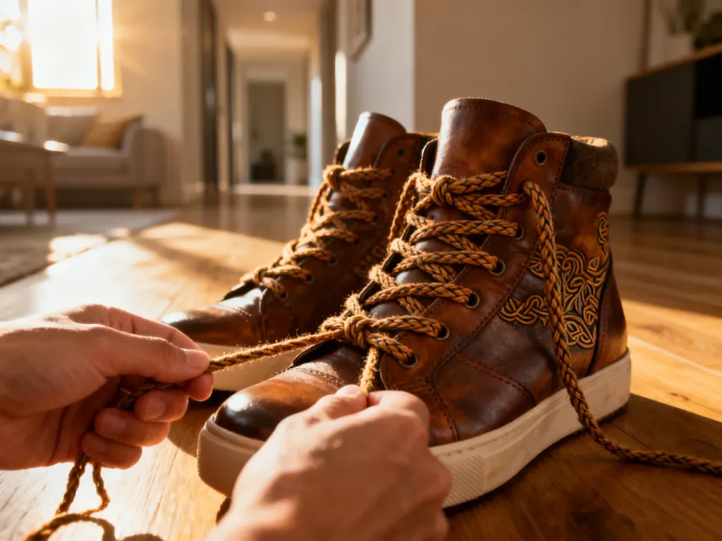 Dłonie wiążące ozdobny węzeł na sznurówkach skórzanych sneakersów w słonecznym przedpokoju.