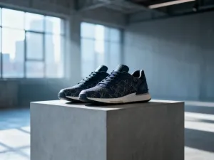 Profesjonalne buty wspinaczkowe na skalnej powierzchni, w tle rozmyta ściana wspinaczkowa z chwytami.