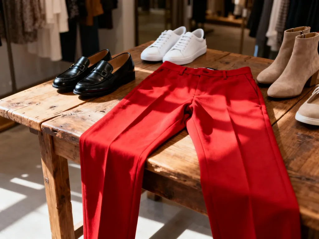 Czerwone spodnie zestawione z różnymi modelami butów: mokasynami, sneakersami i botkami na drewnianym stole.