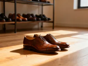 Skórzany but dziecięcy z miarką wewnątrz, pokazującą odpowiedni zapas miejsca na palce.