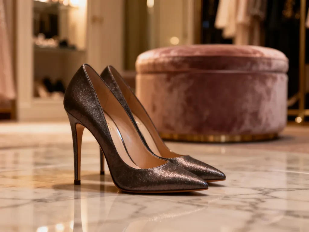 Eleganckie szpilki o wysokości 11 cm stojące na marmurowej podłodze w stylowej garderobie.