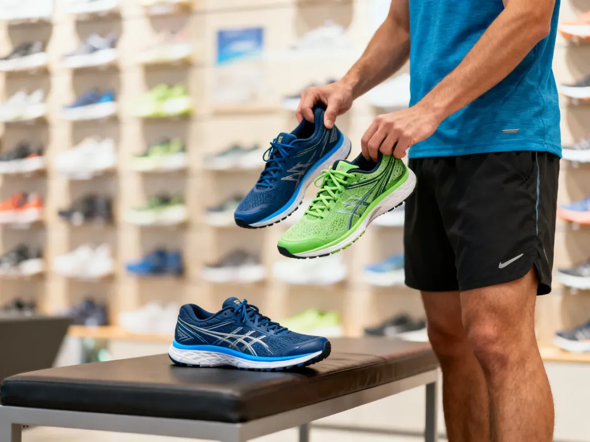 Początkujący biegacz wybierający wygodne buty treningowe w sklepie sportowym
