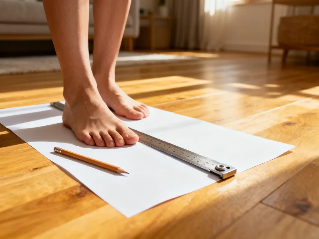 Osoba mierząca długość stopy na kartce papieru przy użyciu ołówka i linijki, aby dobrać odpowiedni rozmiar buta.