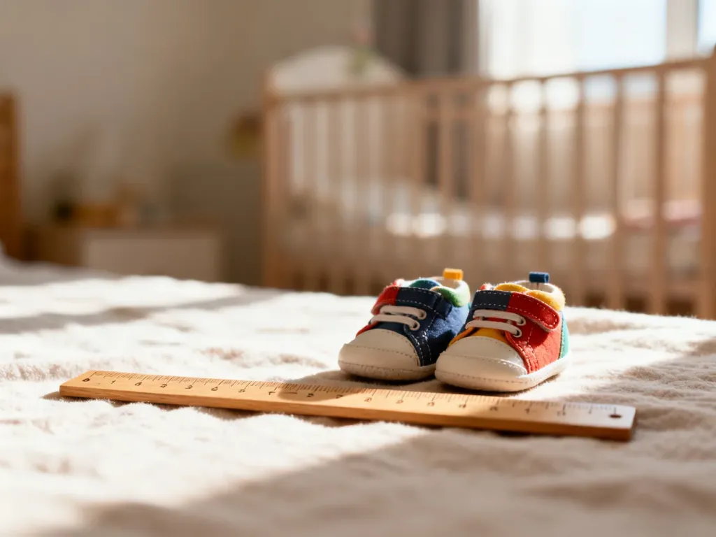 Drewniana miarka leżąca obok dziecięcych butów na jasnym tle, symbolizująca pomiar stopy dziecka.