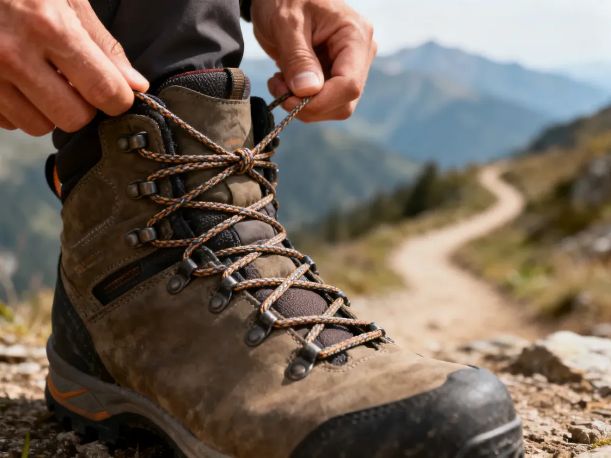 Zbliżenie na wiązanie blokady pięty w bucie trekkingowym