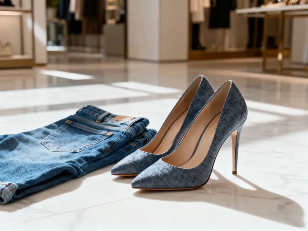 Eleganckie szpilki zestawione z klasycznymi jeansami na marmurowym podłożu, tworzące stylową i modną kompozycję.
