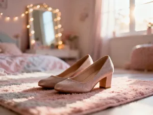 Eleganckie szpilki o wysokości 12 cm stojące na drewnianej podłodze w słonecznej garderobie.