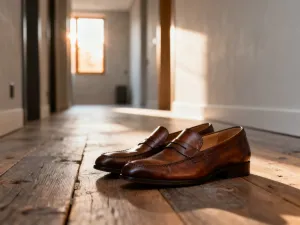 Eleganckie skórzane buty ułożone na drewnianej podłodze obok miarki krawieckiej, ilustrujące proces dobierania rozmiaru obuwia.