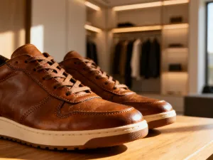 Męskie sneakersy z przewiewnej siateczki na drewnianym tle w słonecznej, letniej scenerii.