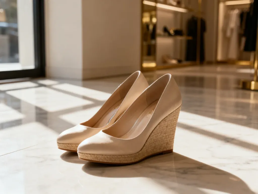 Eleganckie damskie buty na koturnie ustawione na marmurowej podłodze w luksusowym wnętrzu.