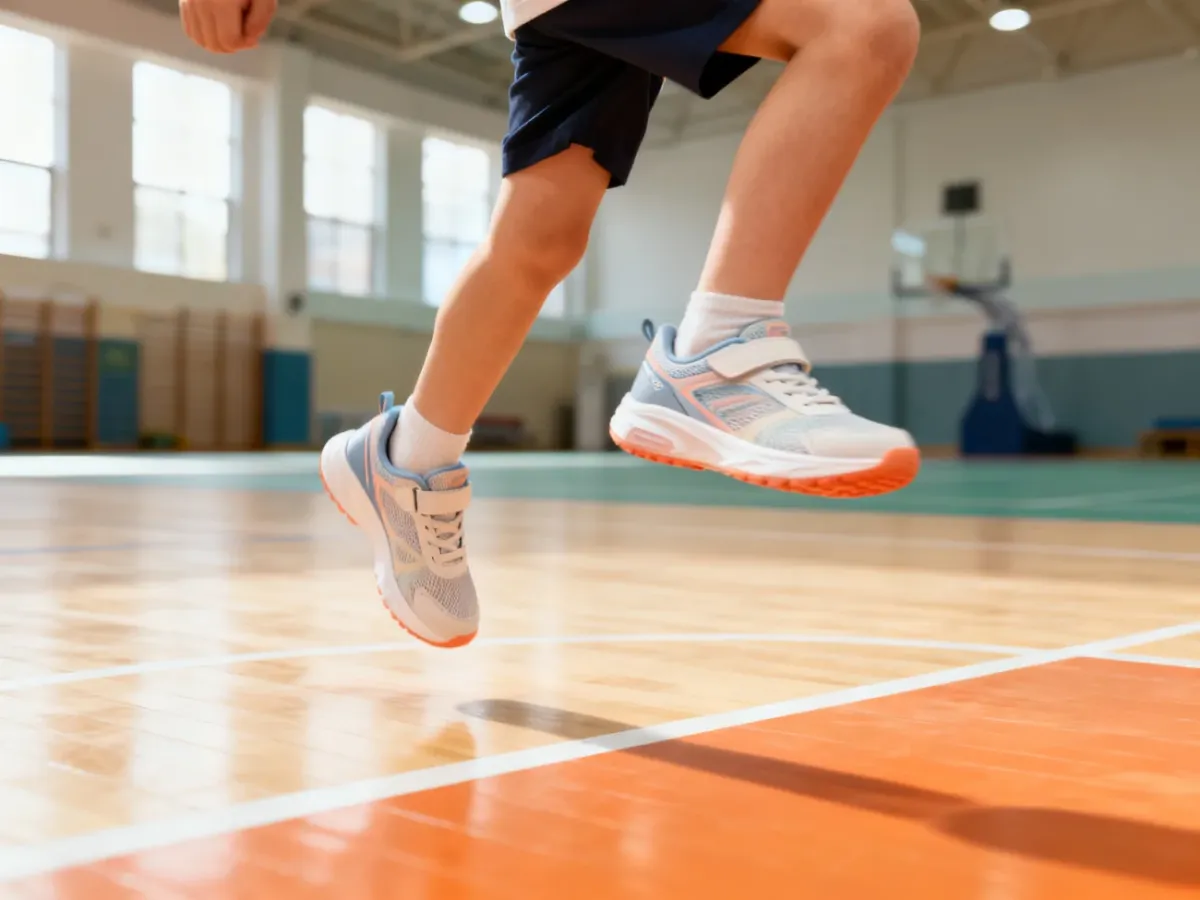Dziecko w lekkich butach sportowych biegające po sali gimnastycznej