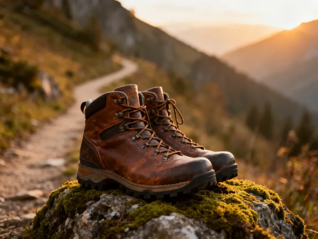 Skórzane buty trekkingowe na mszystym kamieniu na tle górskiego szlaku w świetle zachodzącego słońca.
