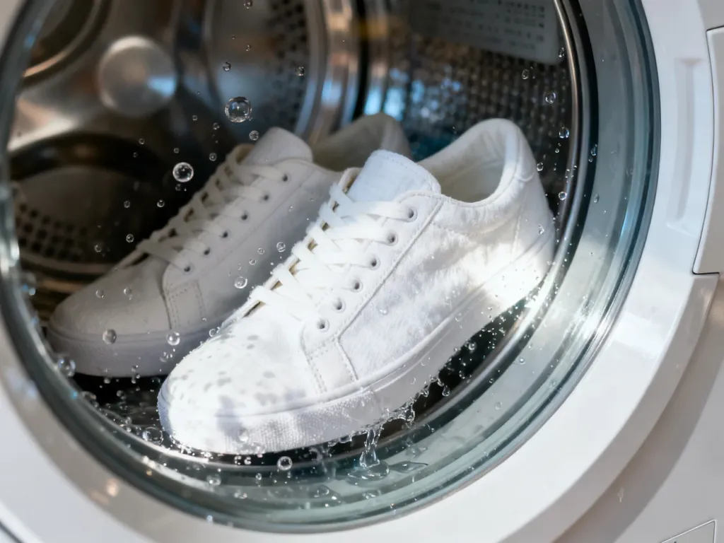 Czyste białe sneakersy wewnątrz bębna pralki z widocznymi kroplami wody i pianą.