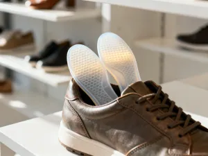 Eleganckie damskie buty na koturnie ustawione na marmurowej podłodze w luksusowym wnętrzu.