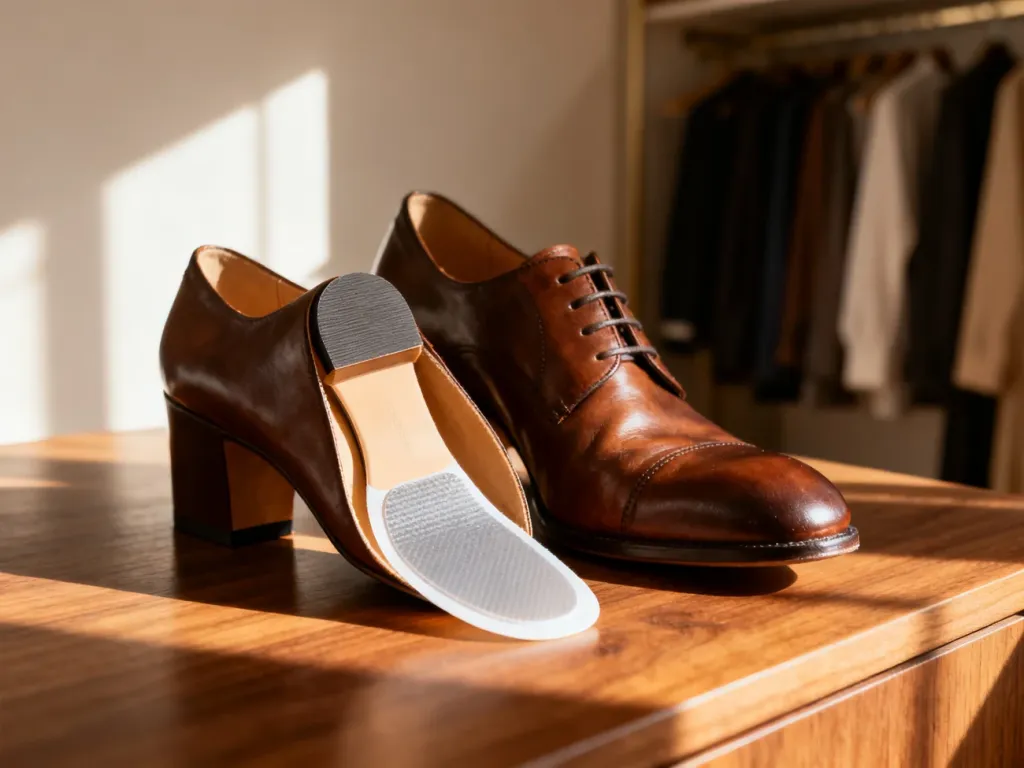 Eleganckie skórzane buty z wklejanymi zapiętkami na drewnianym podłożu w słonecznym świetle.
