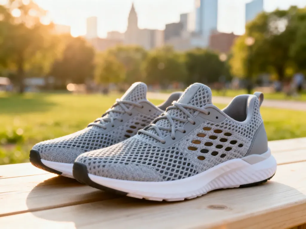 Męskie sneakersy z przewiewnej siateczki na drewnianym tle w słonecznej, letniej scenerii.