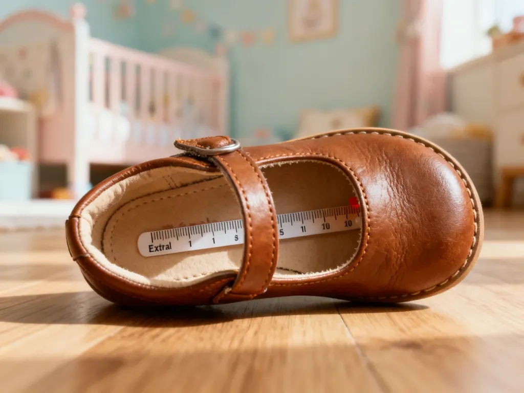 Skórzany but dziecięcy z miarką wewnątrz, pokazującą odpowiedni zapas miejsca na palce.