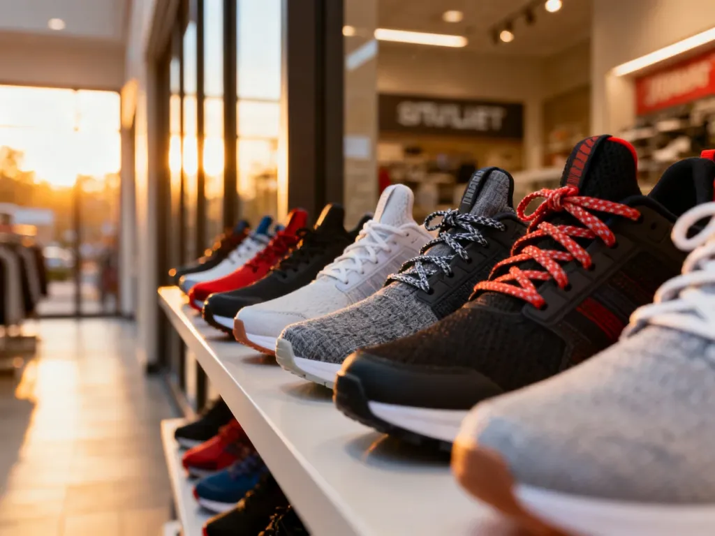 Różnorodne modele nowoczesnych butów sportowych starannie wyeksponowane na półce w sklepie typu outlet.