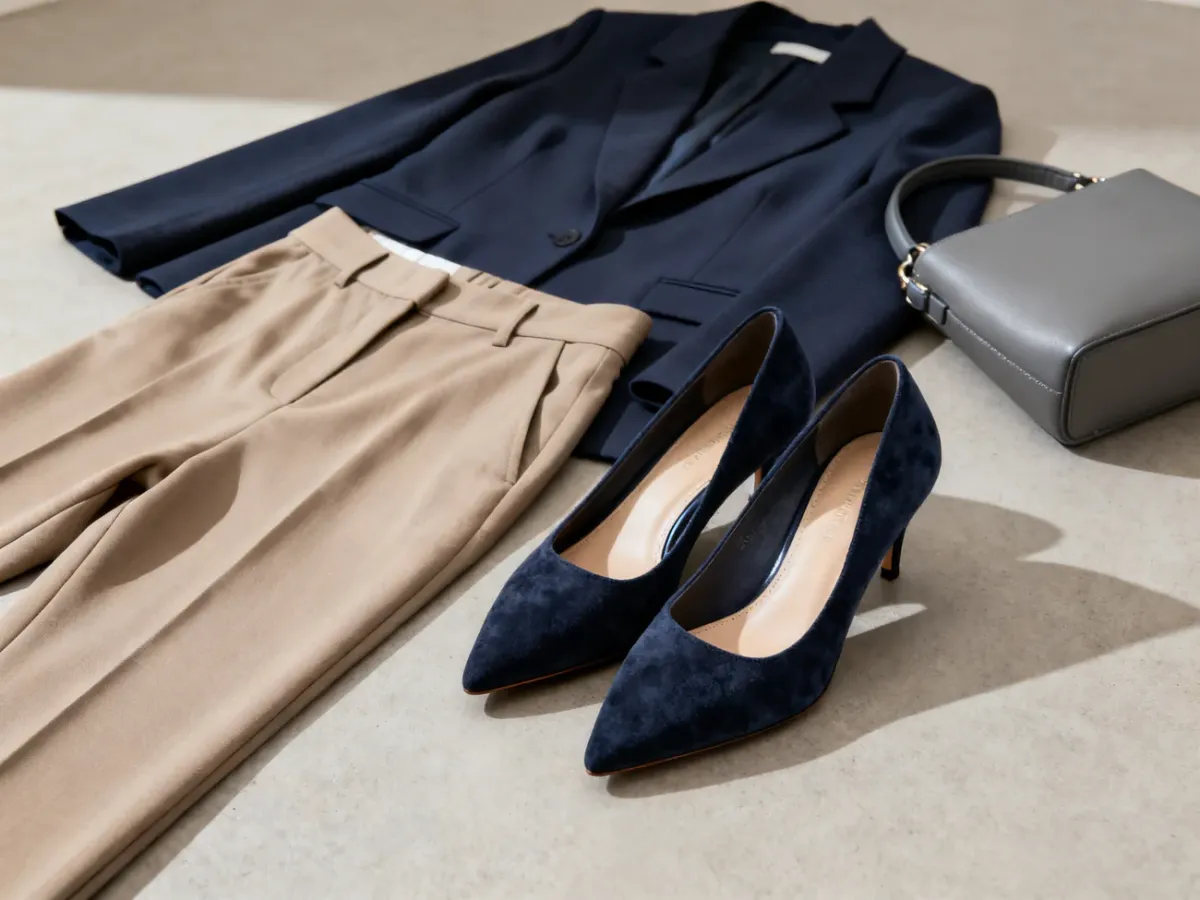 Granatowe zamszowe szpilki w eleganckiej, minimalistycznej stylizacji