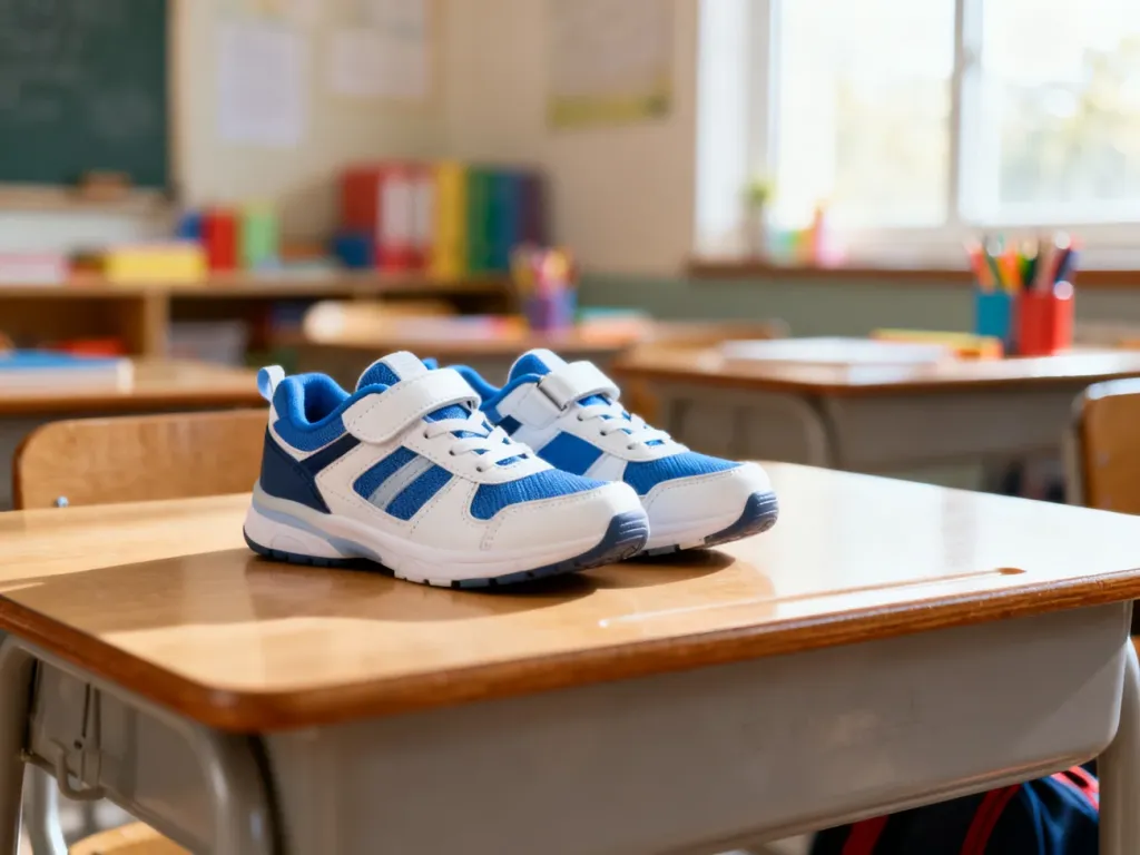 Wygodne i ergonomiczne buty sportowe dla dziecka ustawione na szkolnej ławce w jasnej, przyjaznej klasie.