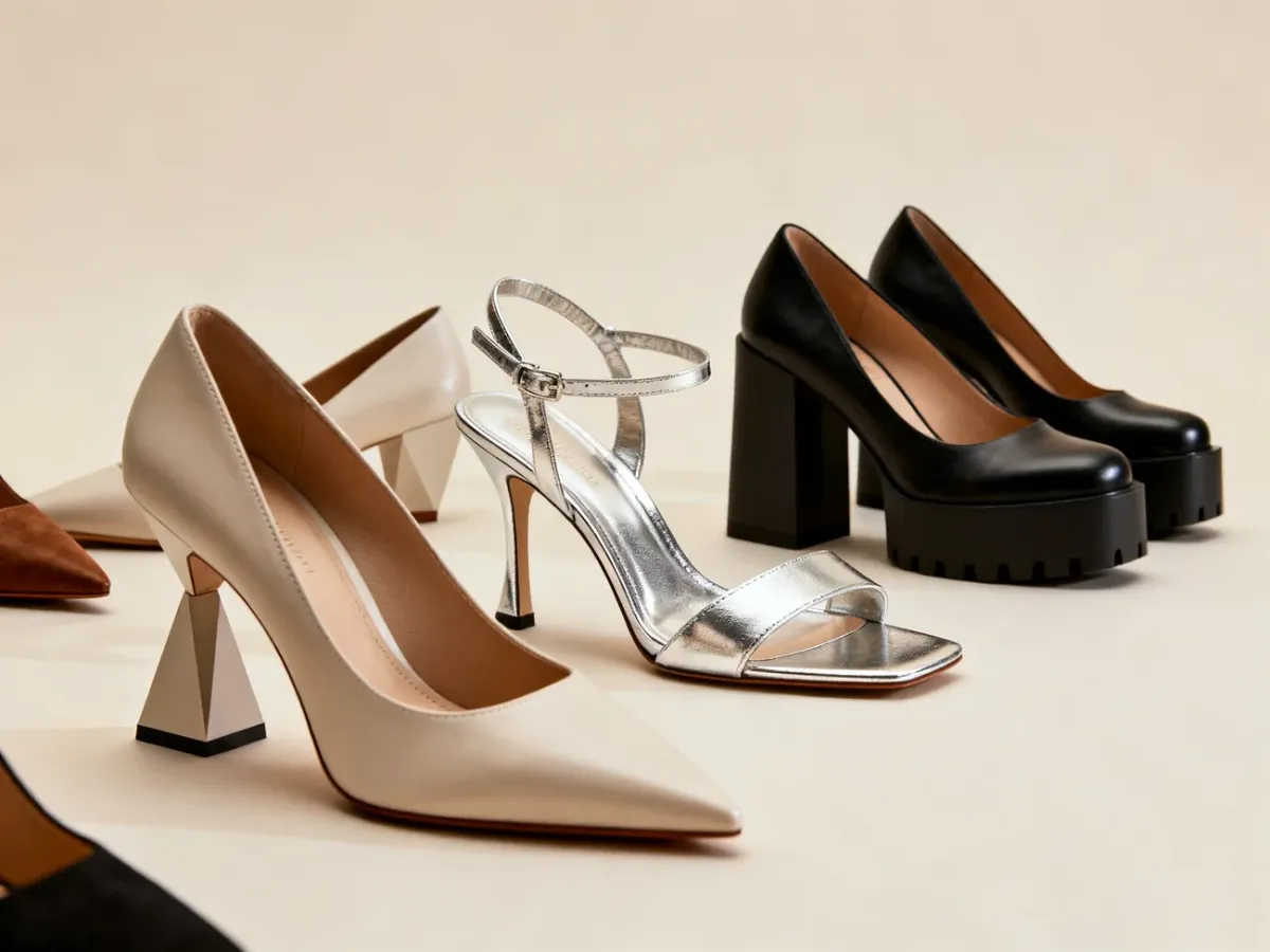 Różne modne buty na obcasie: kitten heels, metaliczne slingbacki, rzeźbiarskie obcasy i platformy