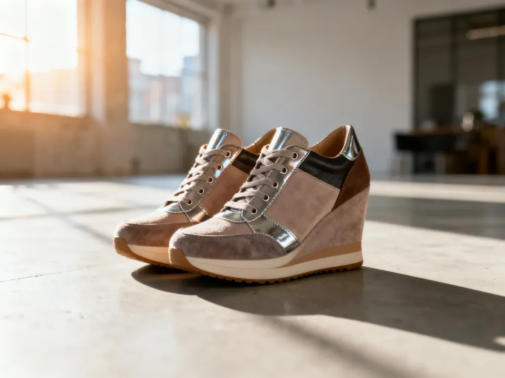 Stylowe sneakersy na koturnie z elementami skóry i zamszu wyeksponowane na minimalistycznym, betonowym podłożu.