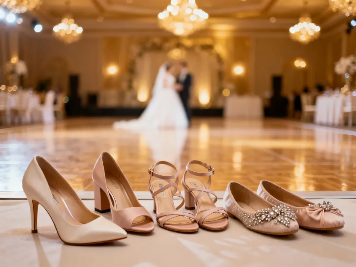 Eleganckie damskie buty na wesele na tle sali przyjęć