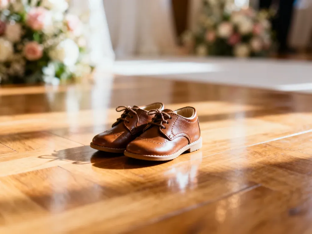 Eleganckie skórzane buty dziecięce na drewnianej podłodze w otoczeniu świątecznych dekoracji.