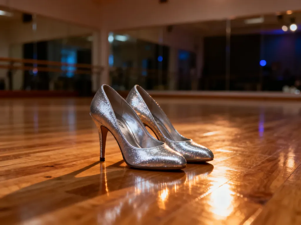 Eleganckie, srebrne szpilki do tańca ustawione na wypolerowanym parkiecie w nastrojowym studiu tanecznym.