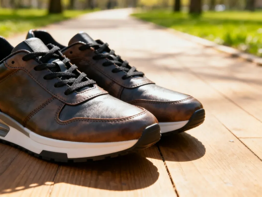 Stylowe, skórzane sneakersy na drewnianej podłodze w otoczeniu wiosennego parku, idealne na słoneczne dni.