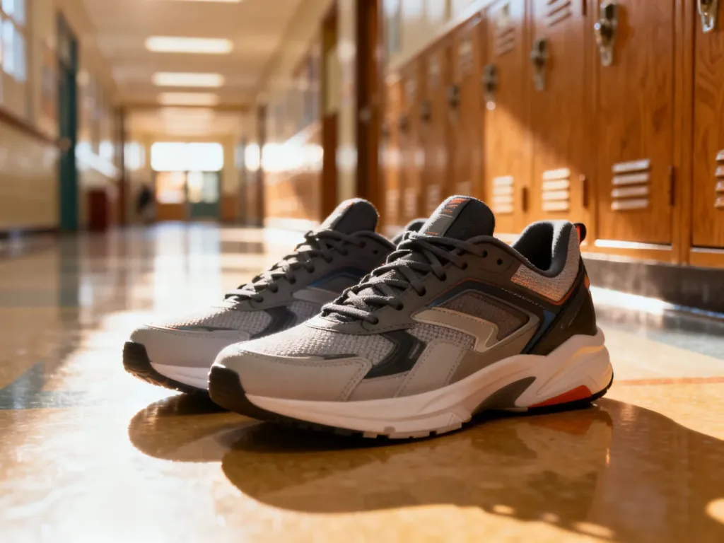 Stylowe, nowoczesne sneakersy na podłodze szkolnego korytarza, idealne jako wygodne obuwie dla ucznia.