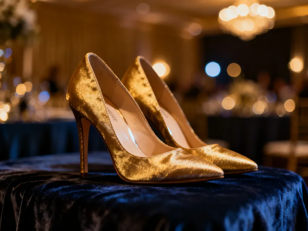 Eleganckie szpilki na aksamitnym tle w otoczeniu nastrojowego światła wieczornej gali.