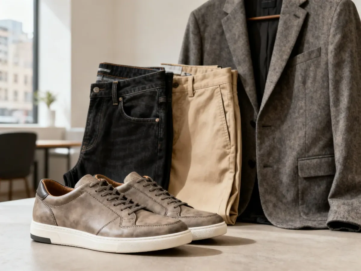 Męskie skórzane sneakersy zestawione z ubraniami w stylu smart casual