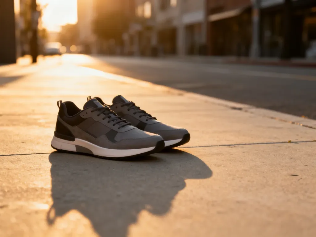 Stylowe męskie sneakersy na betonowym podłożu w scenerii miejskiej o zachodzie słońca.