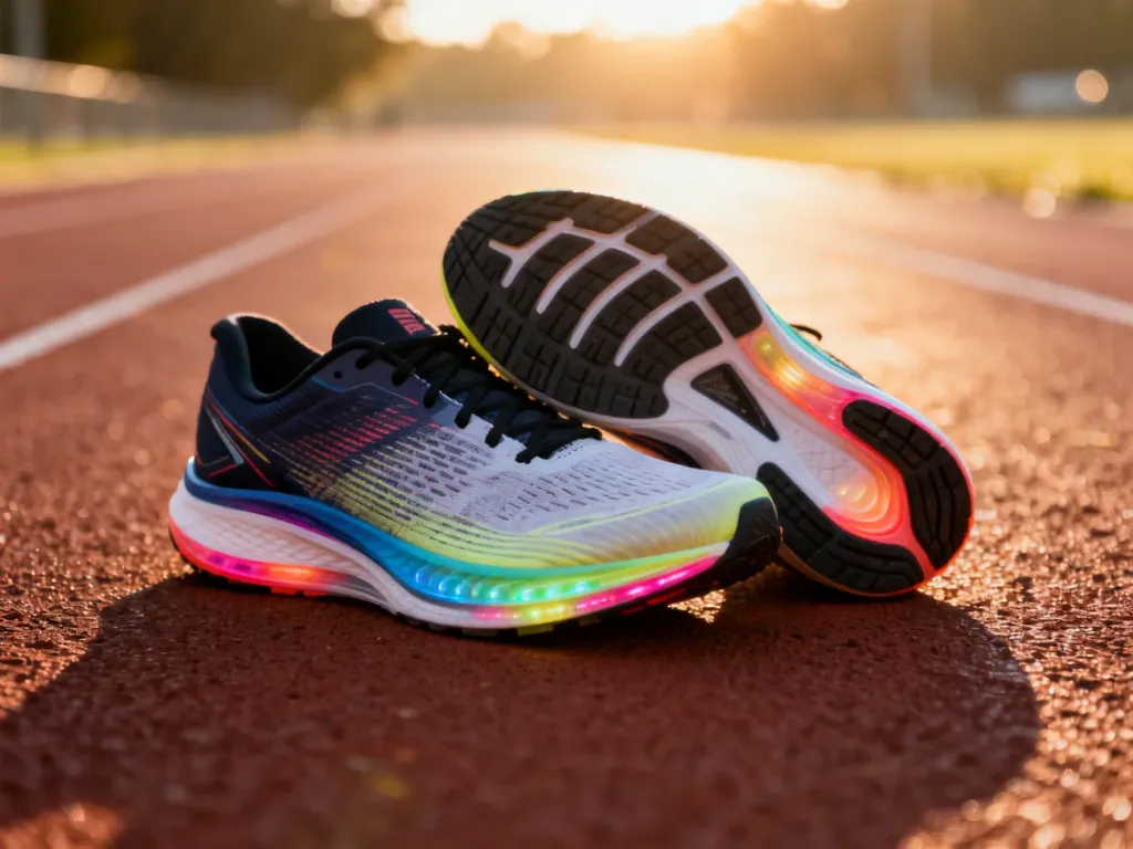 Profesjonalne buty do biegania z widoczną technologią amortyzacji na bieżni lekkoatletycznej.
