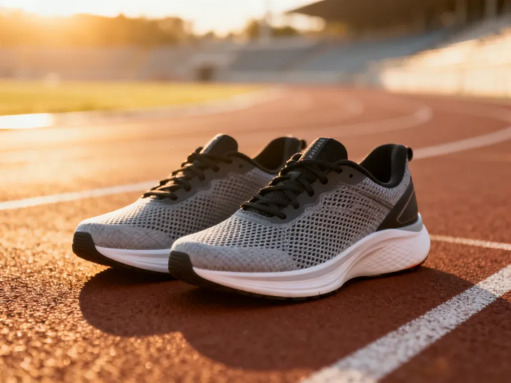 Profesjonalne buty sportowe z szerokim noskiem i przewiewną siateczką, ustawione na bieżni stadionu w świetle zachodzącego słońca.