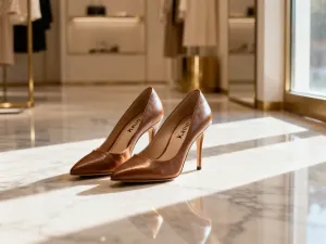 Eleganckie czarne szpilki z koronki na marmurowej podłodze w luksusowej garderobie.